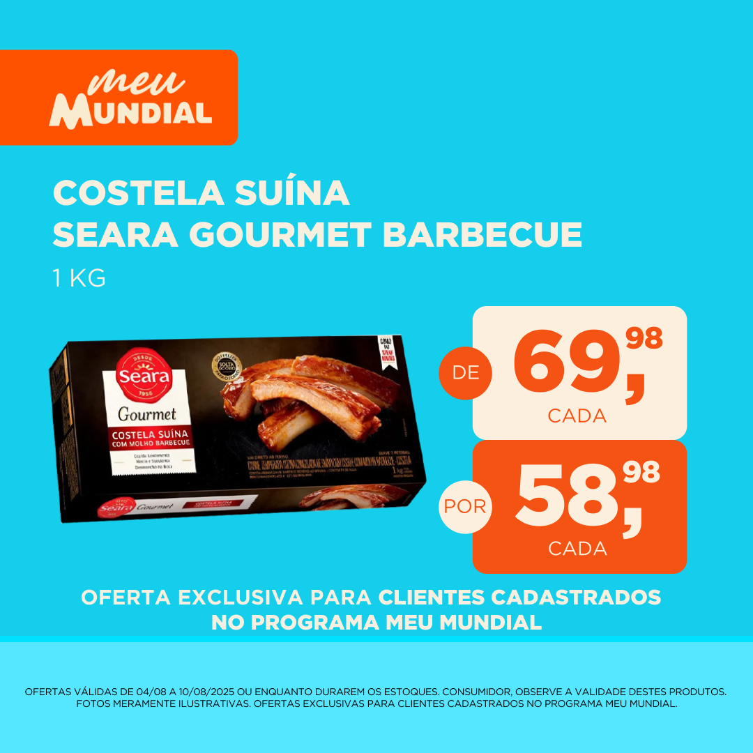 Programa Meu Mundial - Validade 04/08 a 10/08 - inclusão de ofertas no site. Costela Suína