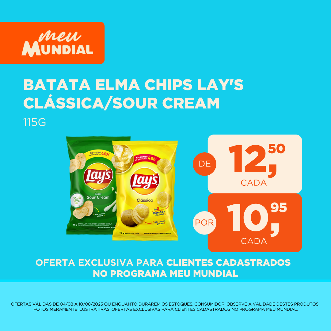 Programa Meu Mundial - Validade 04/08 a 10/08 - inclusão de ofertas no site. Batata Elma chips